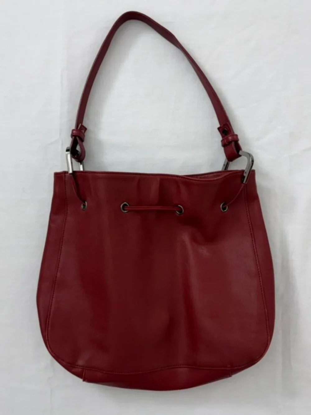 Worthington Red Leather Boho Bucket Drawstring Shoulder Bag Purse 100% Cowhide